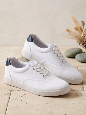 J.Crew Men's Casual White Canvas Sneakers with Navy Heel Accent